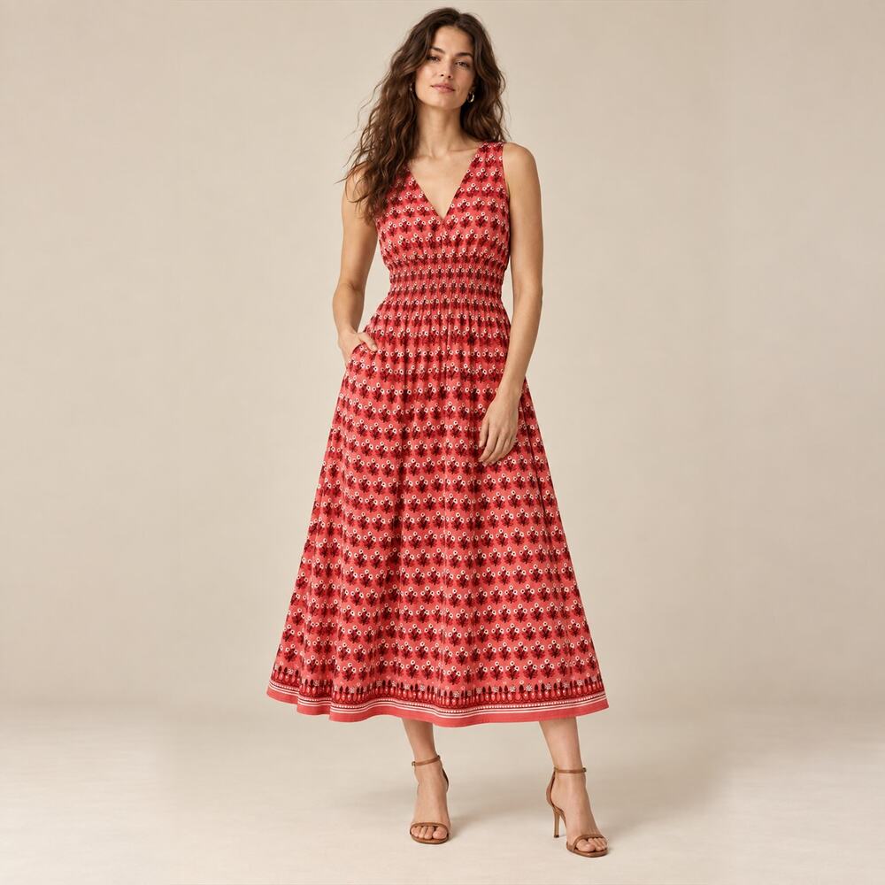 J.Crew Dress WMNS XSP Red Floral V Neck Sleeveless Midi Viscose Boho Cottagecore